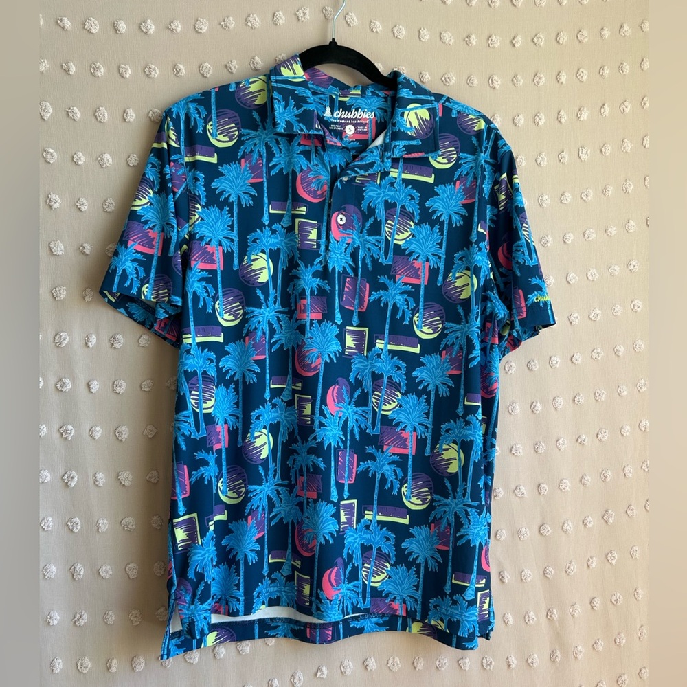 Chubbies Men’s Performance‎ Polo Neon Palm Tree Sz S Blue